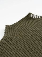 Olive green ribbed contrast mock neck long sleeve sweater