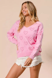 BiBi Valentines Heart Pompom V Neck Knit Top | Knit Tops Daverri Fashions