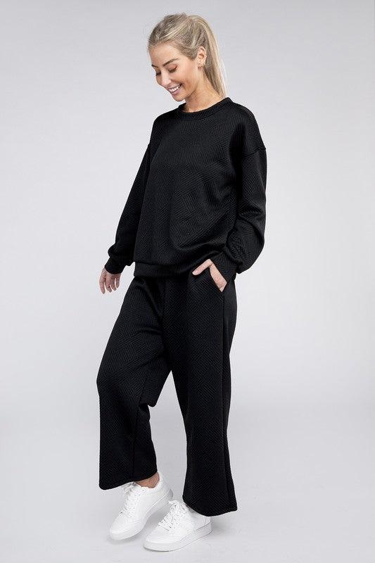 Textured Top and Pants Loungewear Set Pants Sets