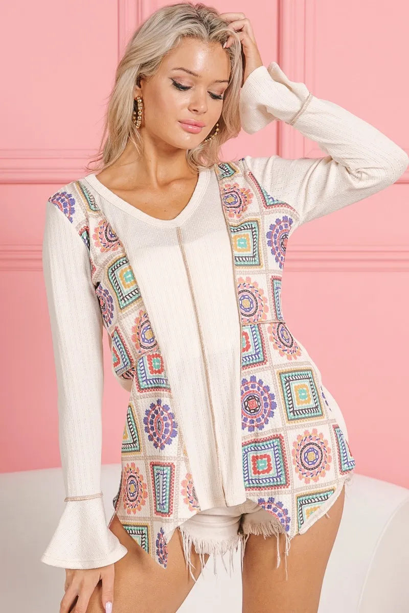 BiBi Granny Square Print Contrast Annie Rib V Neck Top Tops