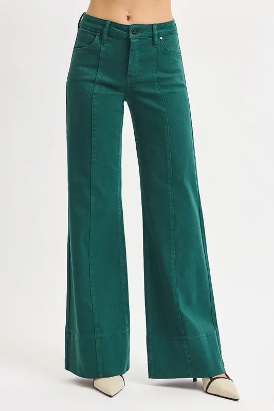 RISEN Full Size Tummy Control Mid Rise Wide Leg Jeans Plus Size HUNTER GREEN Jeans