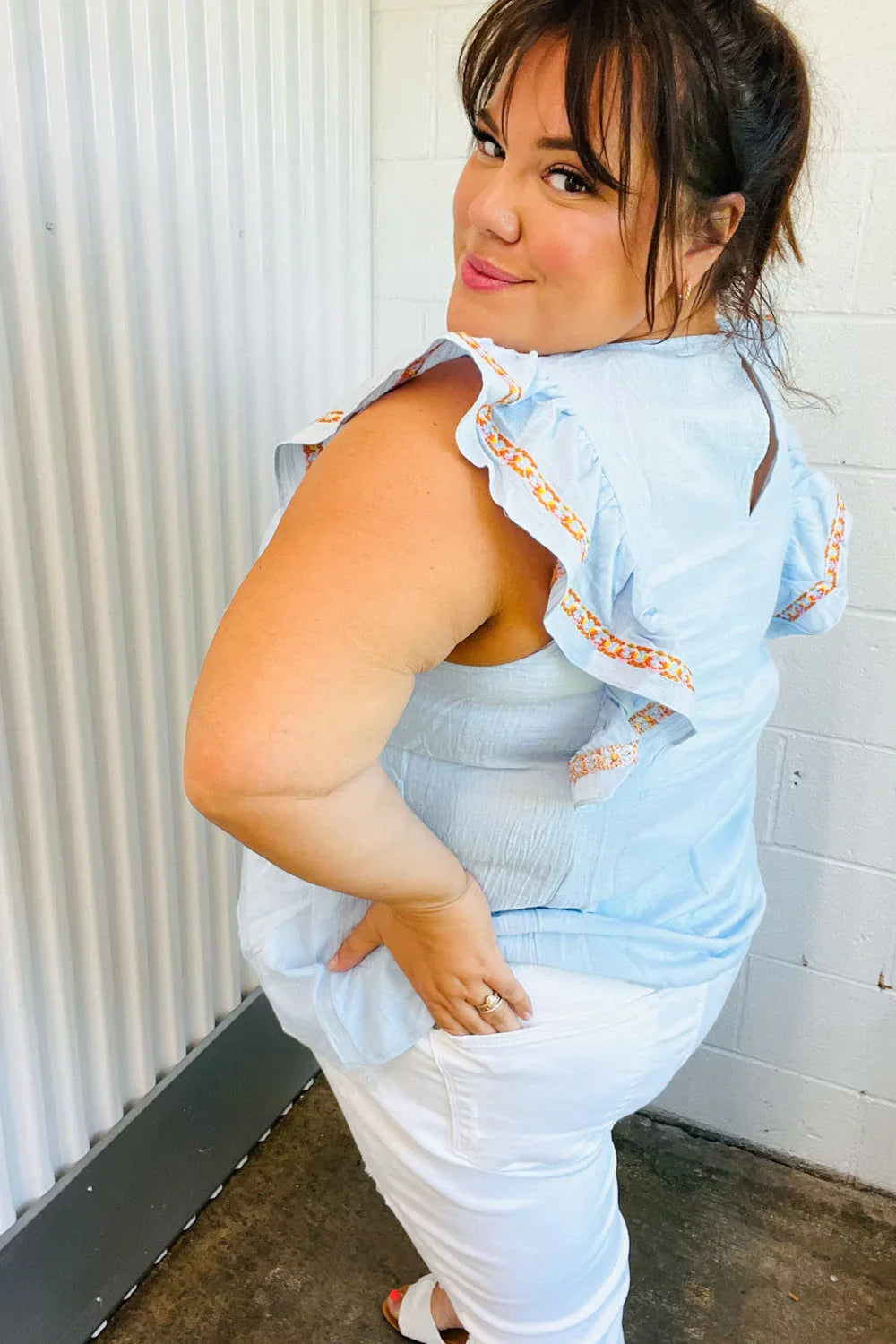 Chambray Embroidered Flutter Sleeve Top | Daverri Fashions