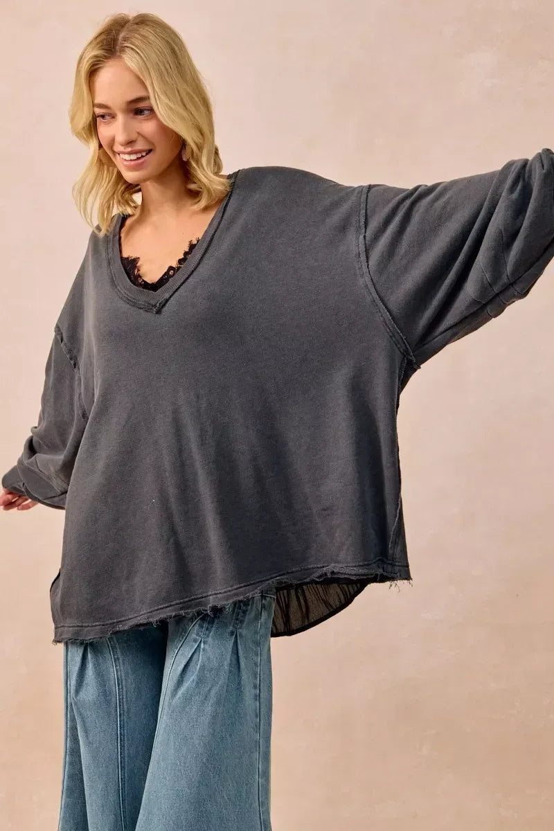BiBi Mineral Washed French Terry Oversized Sweatshirt - DAVERRI FASHIONS