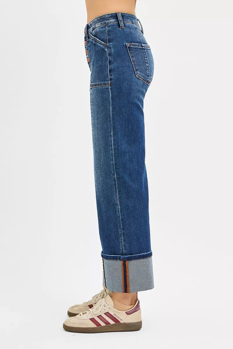 RISEN Full Size High Rise Crop Wide Straight Cuffed Jeans Plus Size | Jeans Daverri Fashions