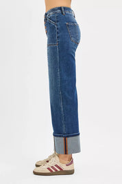 RISEN Full Size High Rise Crop Wide Straight Cuffed Jeans Plus Size | Jeans Daverri Fashions