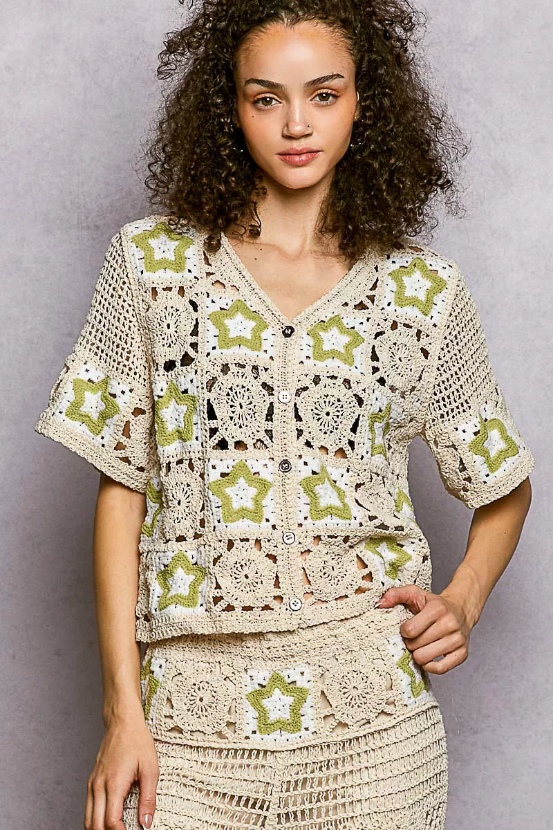 Beige and sage green POL crochet cardigan with star pattern and button front