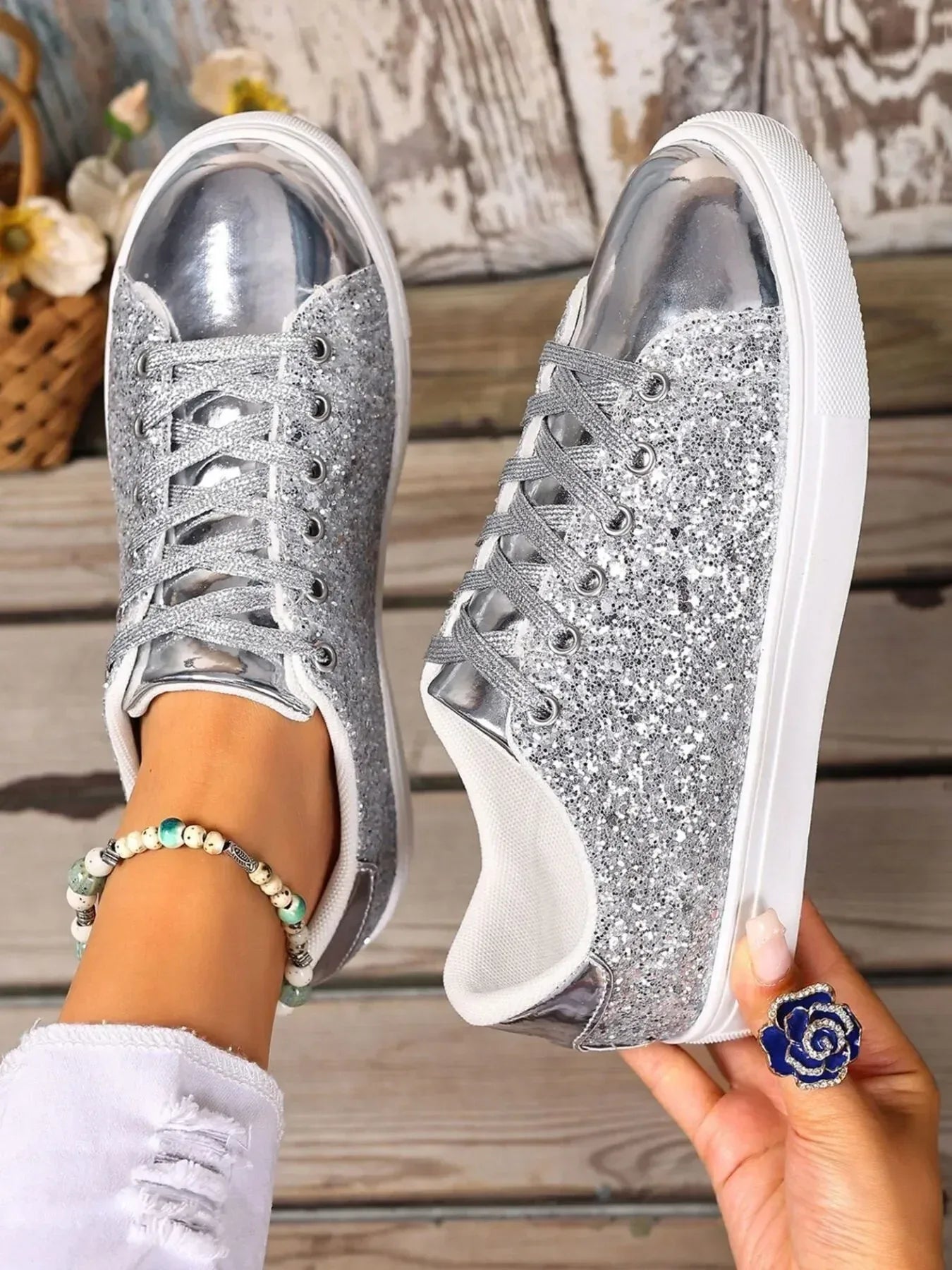 Sequin Lace Up Sneakers - DAVERRI FASHIONS