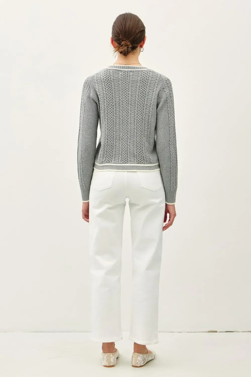 Be Cool Cable Knit Long Sleeve Contrast Edge Cardigan - DAVERRI FASHIONS