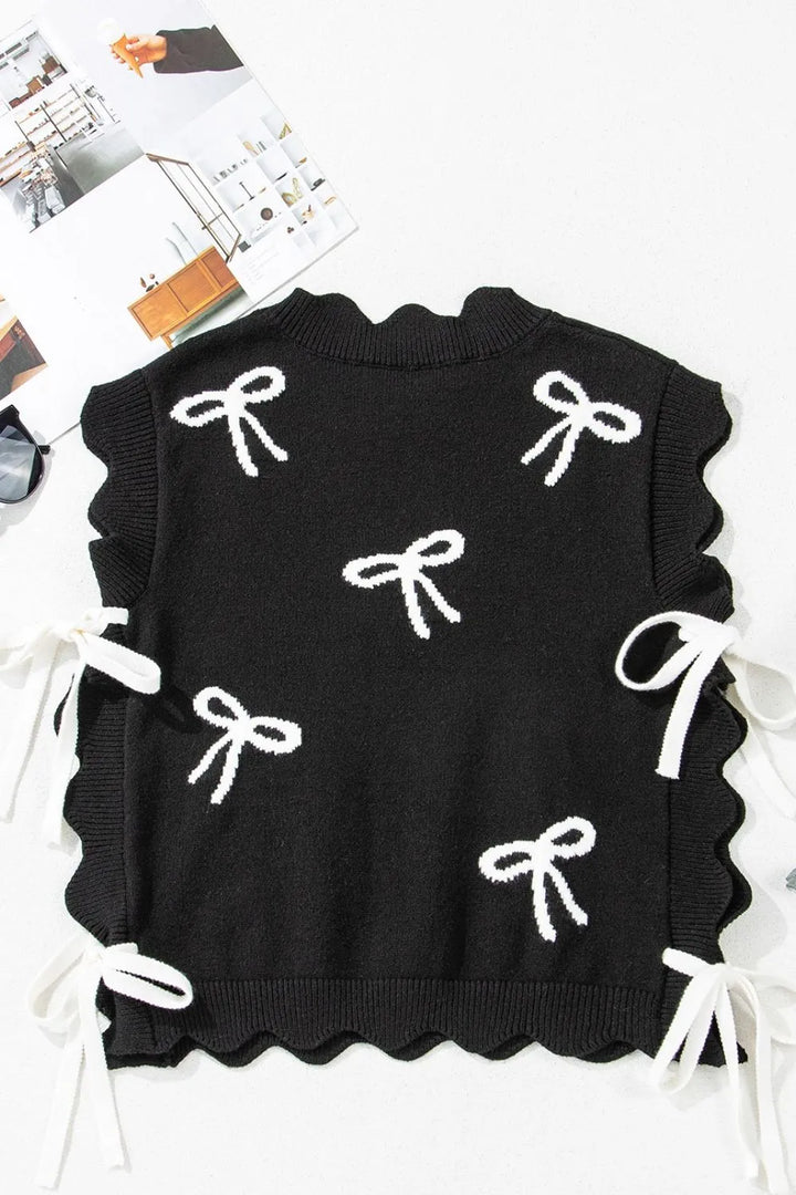 Bow Side Ties Scalloped Hem Cap Sleeve Sweater | Sweaters Daverri Fashions