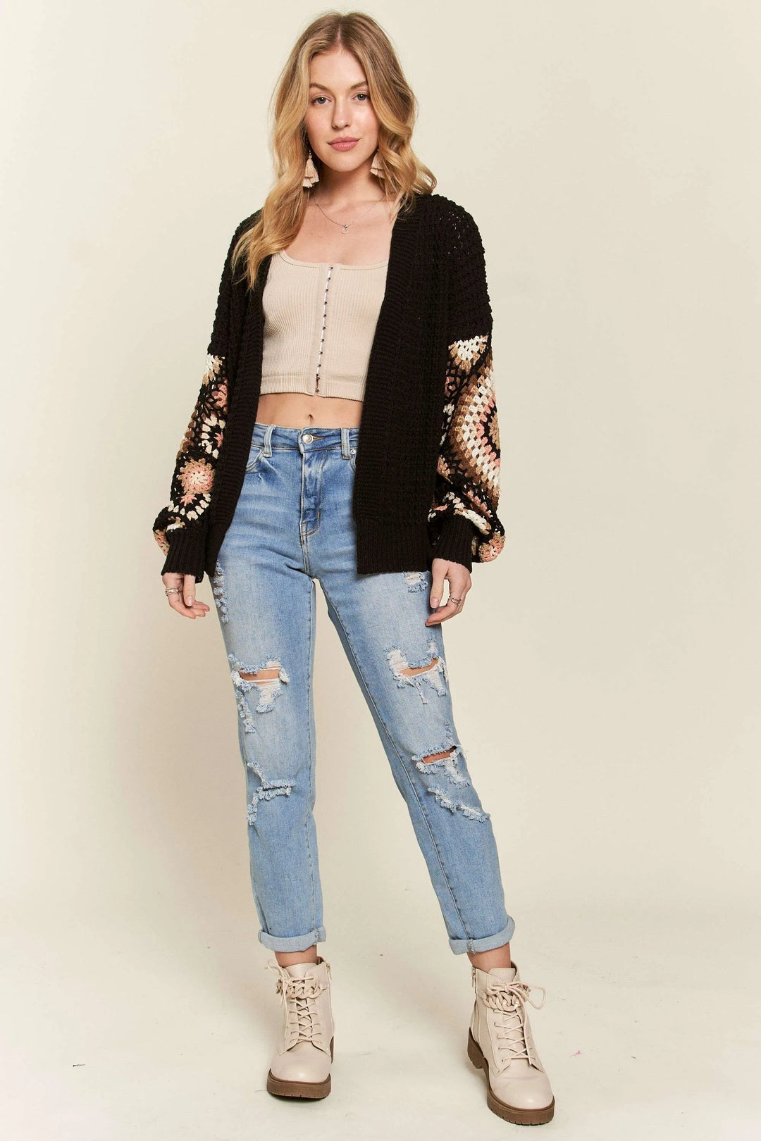 ADORA Multi Color Sleeve Crochet Cardigan Cardigans