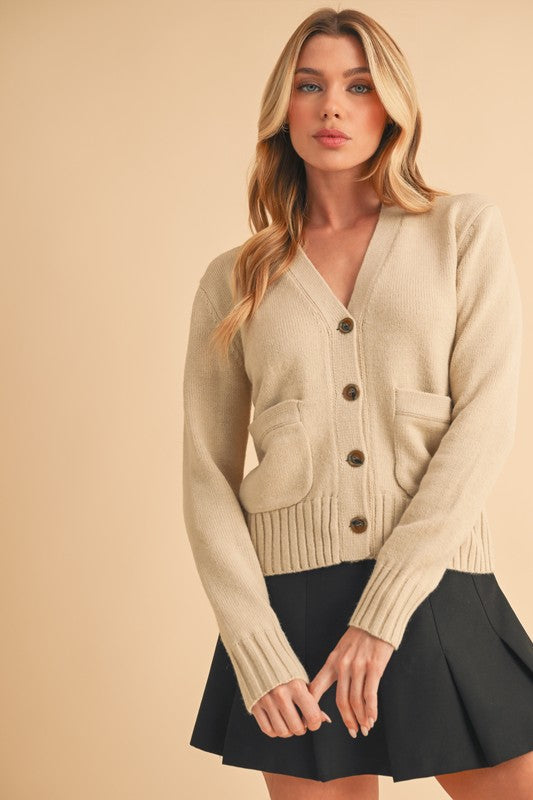 Aemi + Co Ribbed Hem Button Down V-Neck Cardigan Pearl