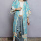 POL turquoise and cream striped floral crochet longline cardigan with tassels