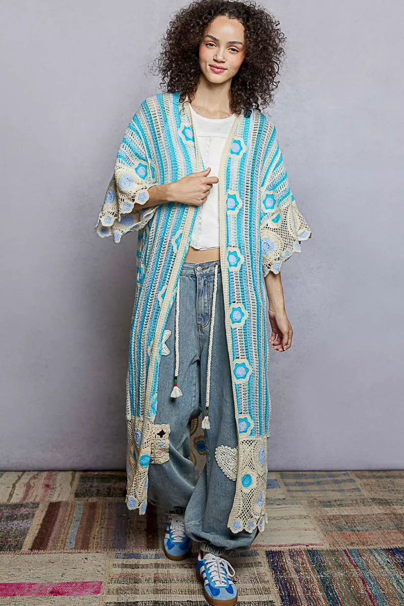 POL turquoise and cream striped floral crochet longline cardigan with tassels