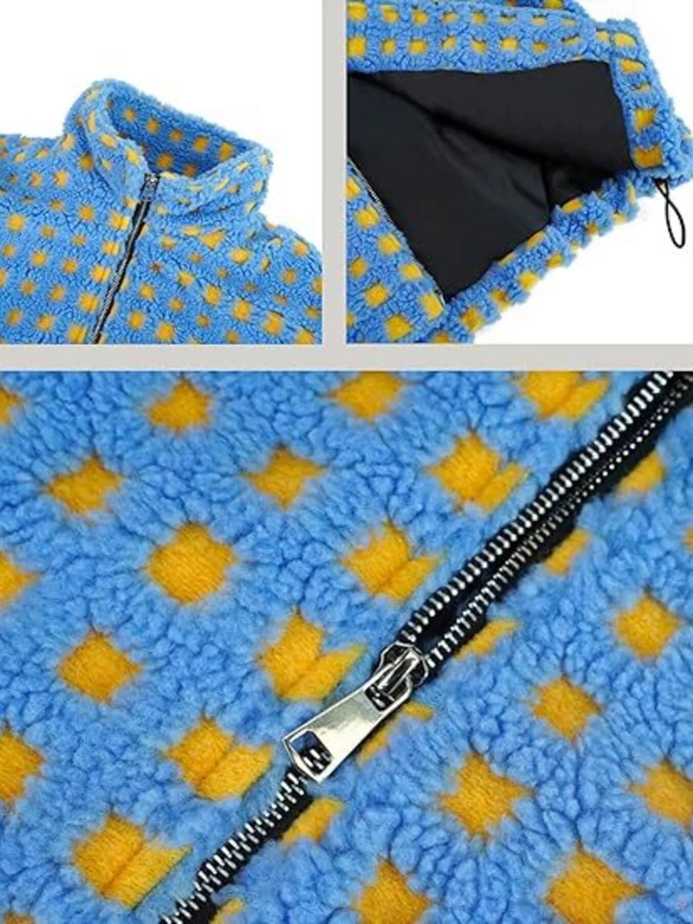 Daverri plaid zip-up sherpa jacket in blue and yellow checkered fleece with black zipper
