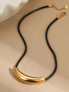 Stainless Steel Curved Bar Necklace with Leather Rope - DAVERRI FASHIONS