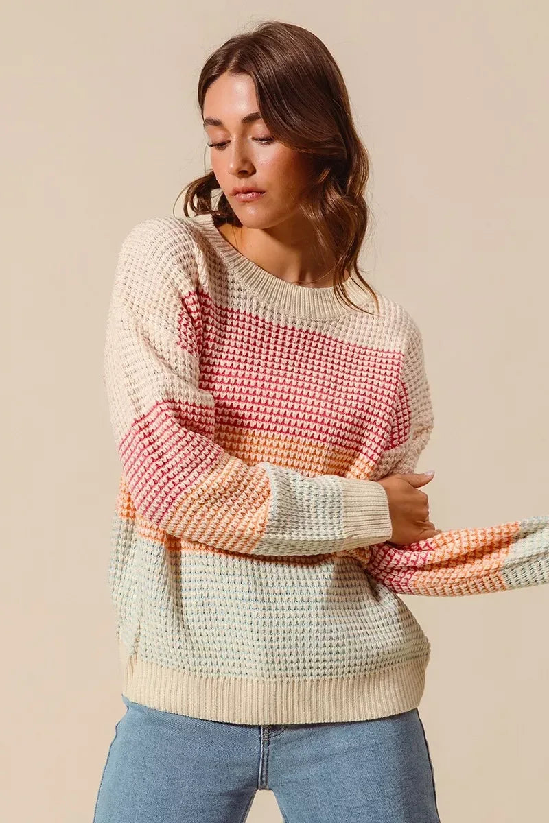 SO ME Multi Color Block Long Sleeve Sweater - DAVERRI FASHIONS