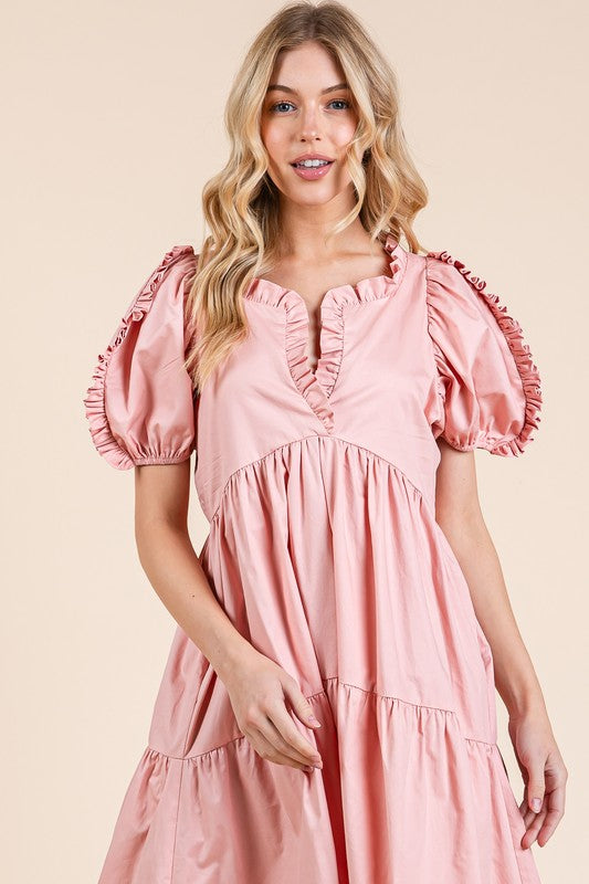 GeeGee Ruffle Trim Puff Sleeve Tiered Babydoll Midi Dress Babydoll Dresses