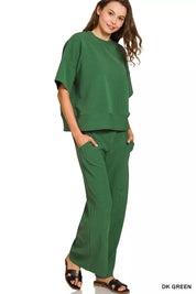 Zenana Ribbed Round Neck Tee & Pants Set | Loungewear Sets Daverri Fashions
