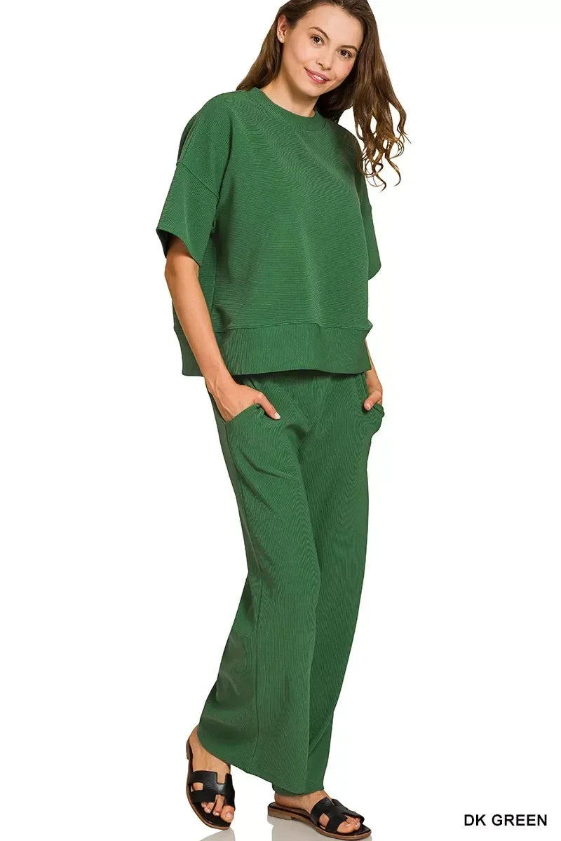 Zenana Ribbed Round Neck Tee & Pants Set - DAVERRI FASHIONS