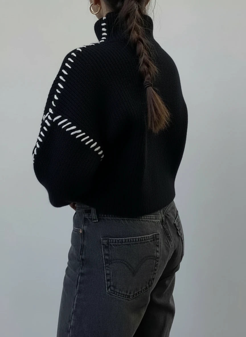 Black and white striped turtleneck long sleeve sweater