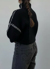 Black and white striped turtleneck long sleeve sweater