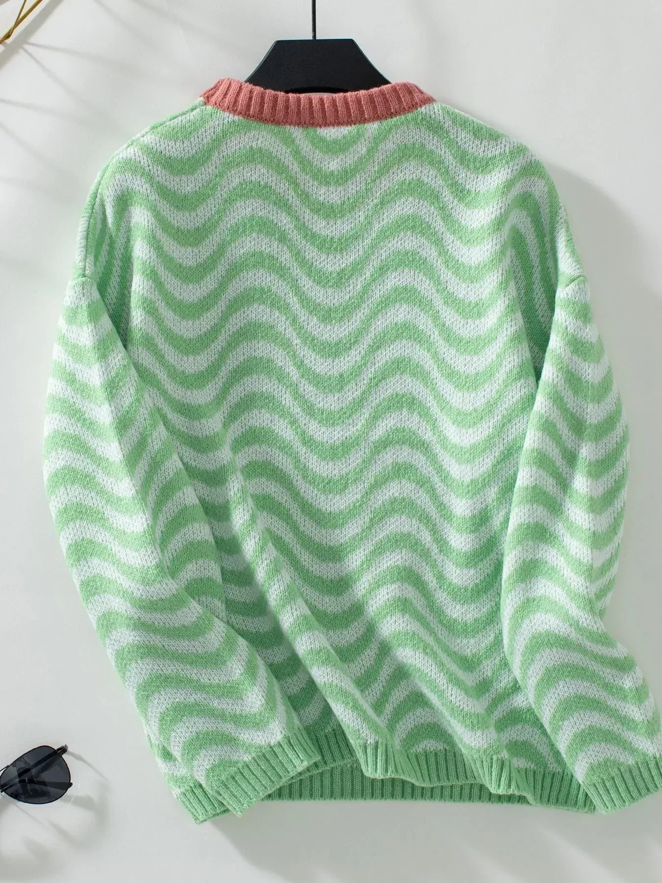 Wavy Striped Round Neck Sweater - DAVERRI FASHIONS