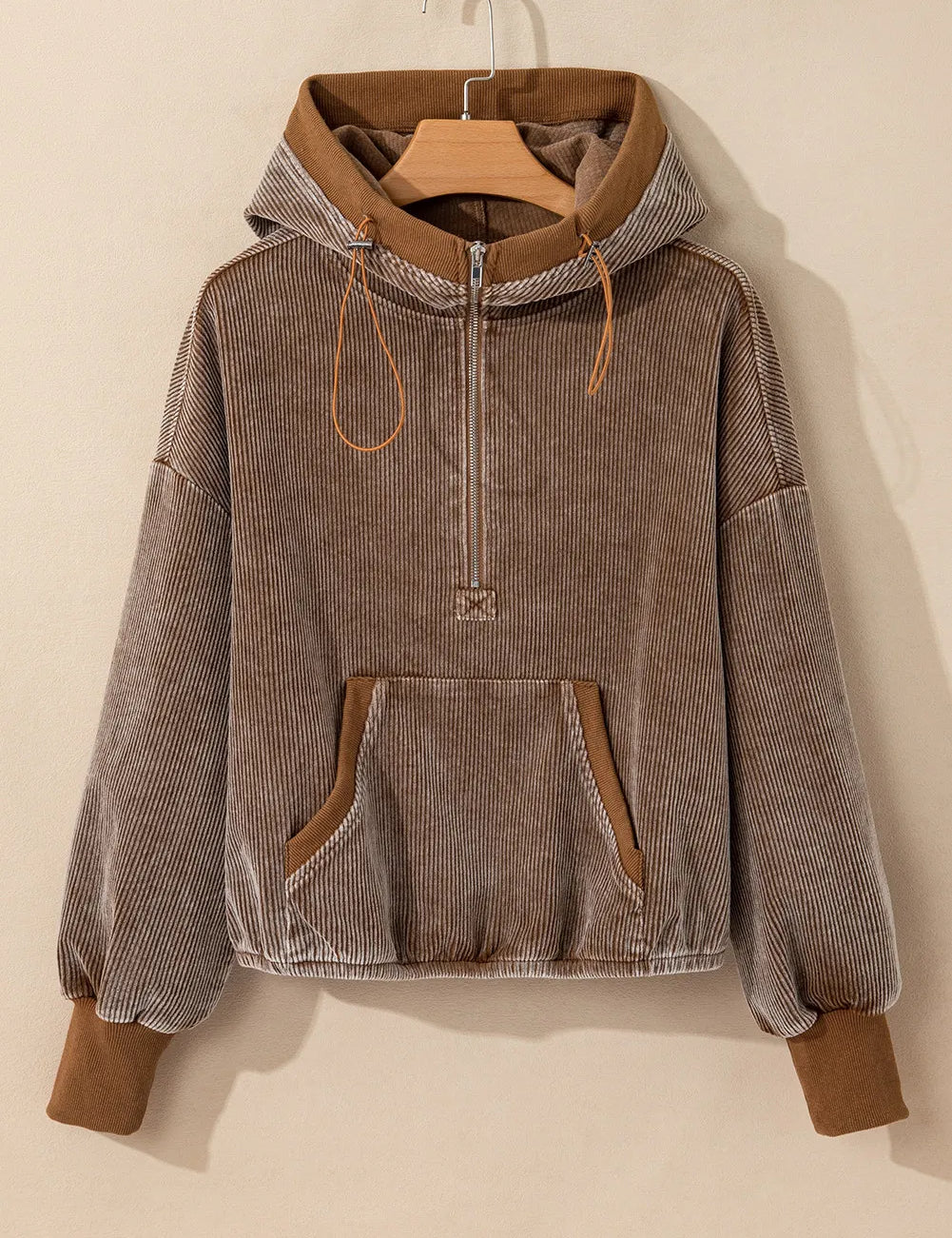 Drawstring Half Zip Long Sleeve Hoodie | Hoodies Daverri Fashions