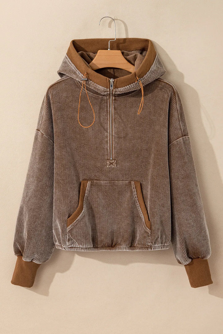 Drawstring Half Zip Long Sleeve Hoodie | Hoodies Daverri Fashions