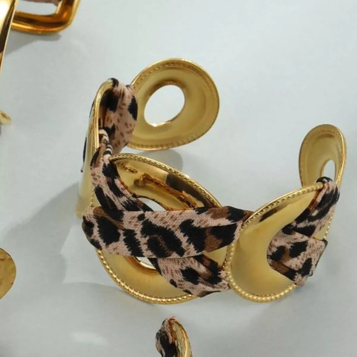 Leopard Ribbon 18K Gold-Plated Open Bracelet - DAVERRI FASHIONS