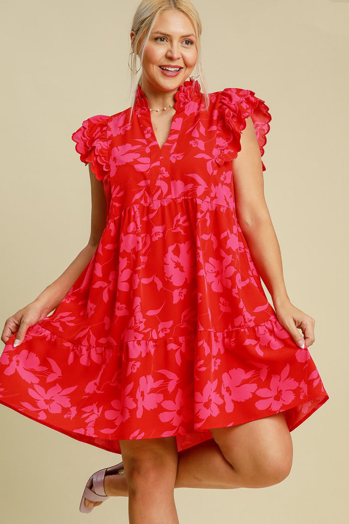 Umgee Red Two Tone Floral Print Ruffle Cap Sleeve Mini Dress Mini Dresses