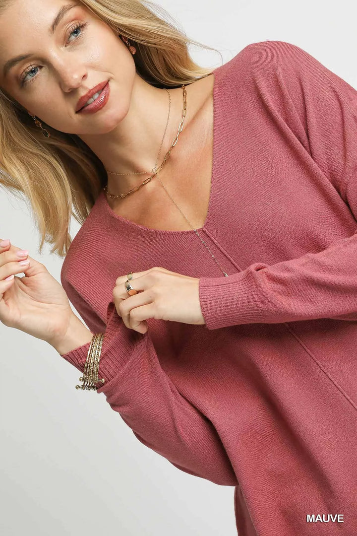 Umgee V-Neck High Low Hem Knit Top with Side Slit | Knit Tops Daverri Fashions
