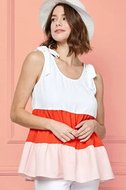 Lime 'N' Chili Color Block Sleeveless Tie Shoulder Babydoll Top | Tops Daverri Fashions