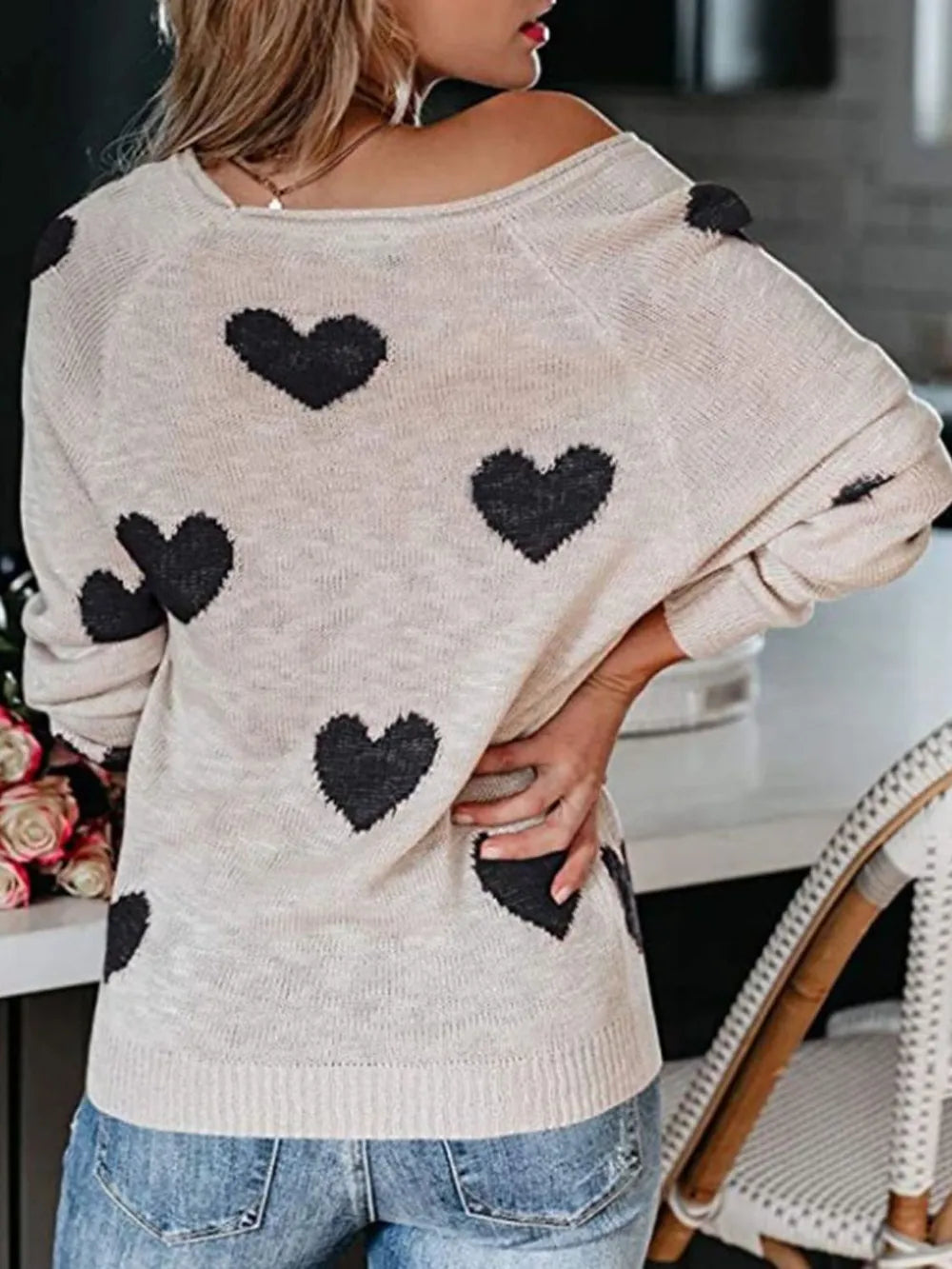 Beige off-the-shoulder heart scoop neck long sleeve sweater
