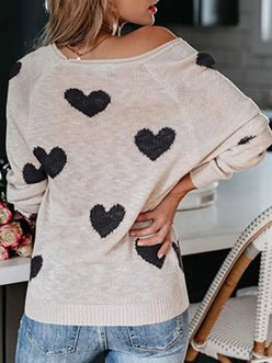 Beige off-the-shoulder heart scoop neck long sleeve sweater