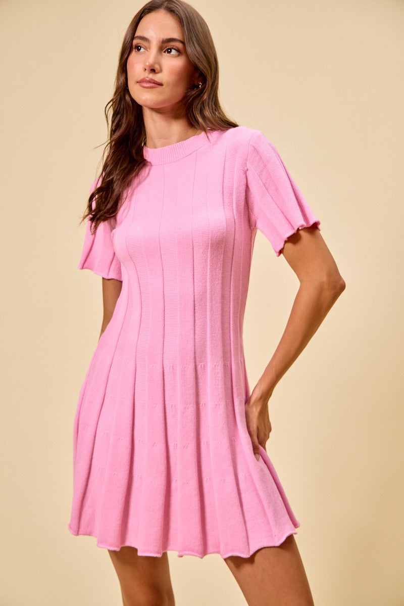 SO ME wide rib short sleeve pink pleated knit A-line mini dress