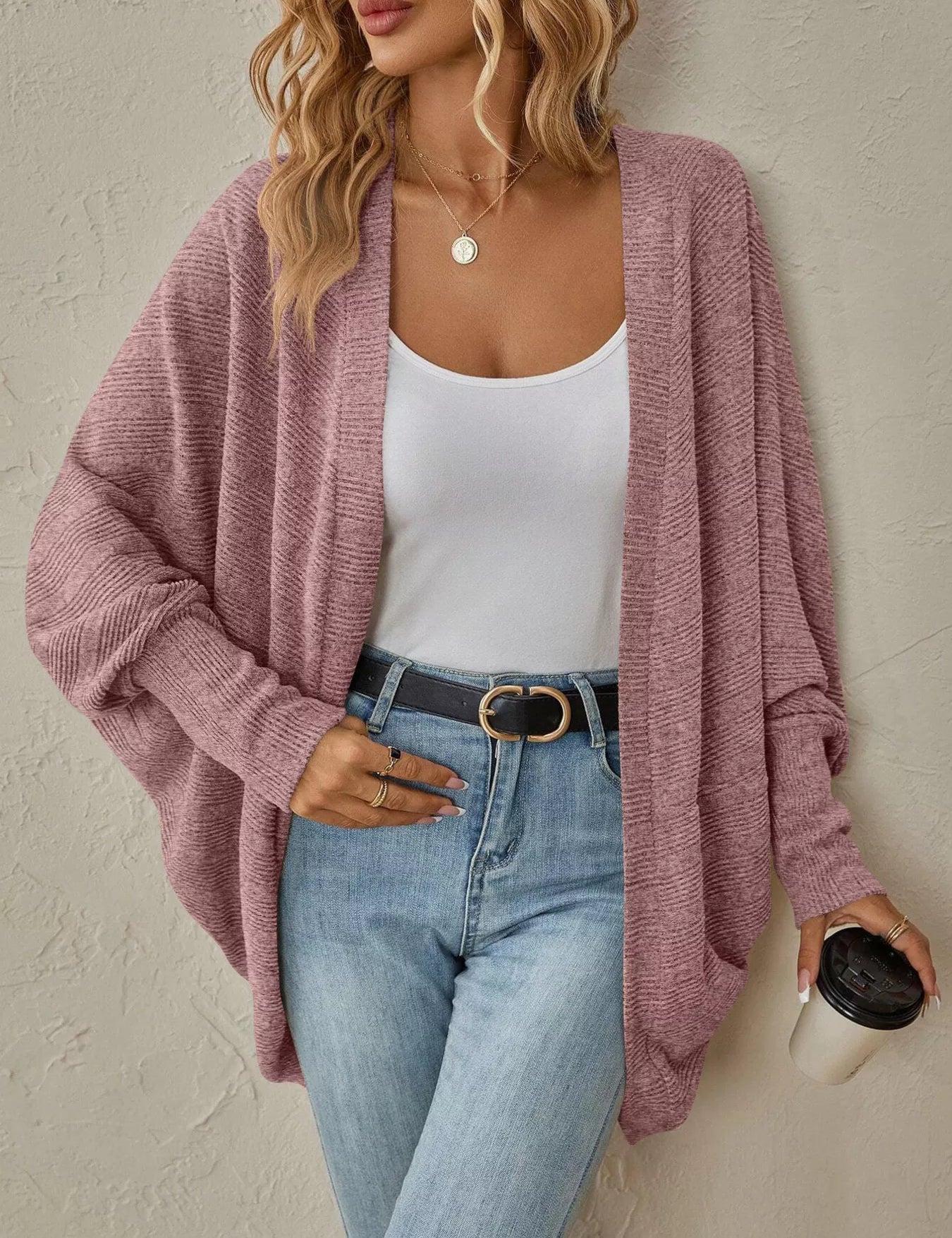 Pink Cozy Oversized Open Front Knit Cardigan | Cardigans Daverri Fashions