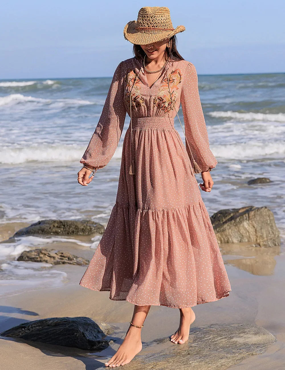 Blush pink bohemian embroidered polka dot midi dress with ruffles