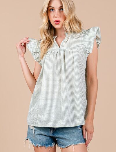 Ces Femme Light Green Plaid Notched Ruffled Cap Sleeve Blouse Blouses