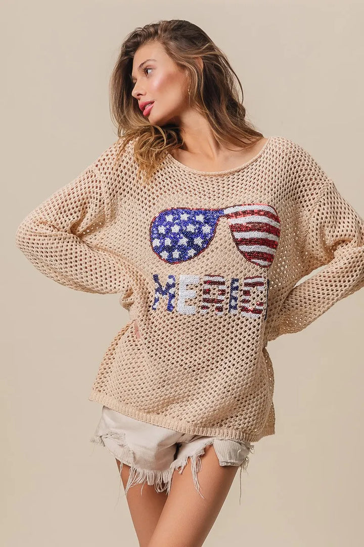BiBi Sequin American Flag Sunglasses Knit Top Tops