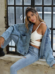 Button Down Drop Shoulder Denim Jacket | Denim Jackets Daverri Fashions