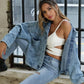 Button Down Drop Shoulder Denim Jacket - DAVERRI FASHIONS