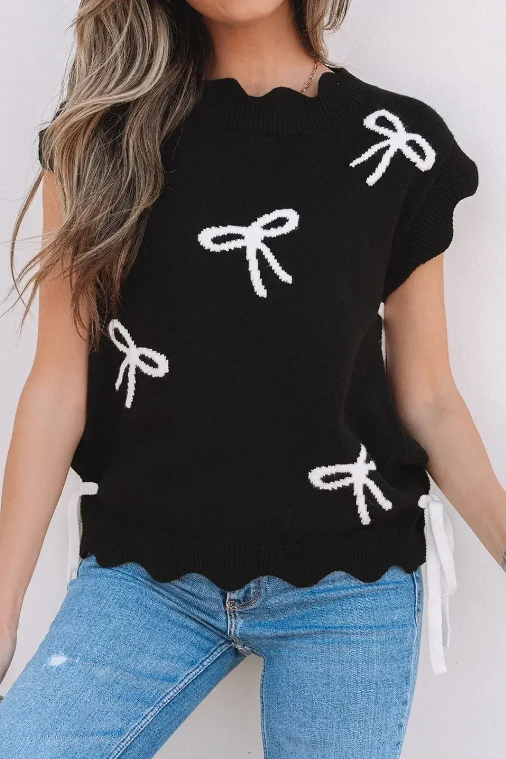 Bow Side Ties Scalloped Hem Cap Sleeve Sweater - DAVERRI FASHIONS