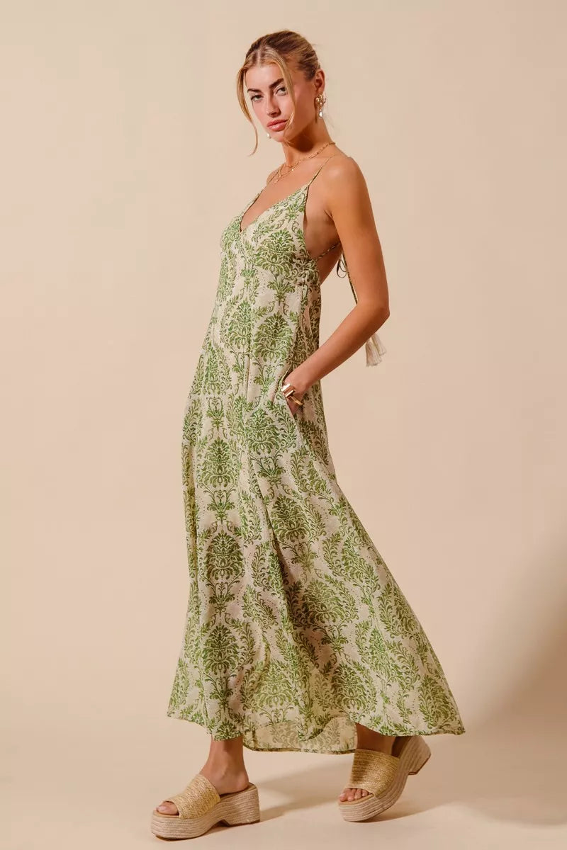 SO ME damask floral sage green cream maxi dress back view