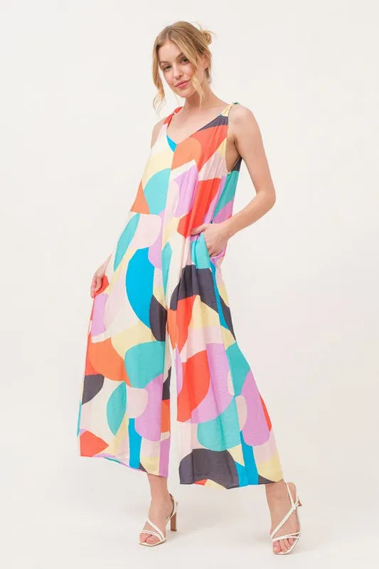 And The Why Tied Shoulder Straps Wide-Leg Geo Print Jumpsuit YELLOW MULTI Jumpsuits