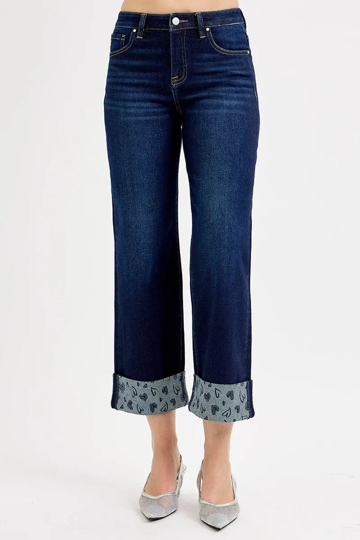 RISEN Full Size Mid Rise Fit Crop Wide With Printed Cuff Jeans Jeans