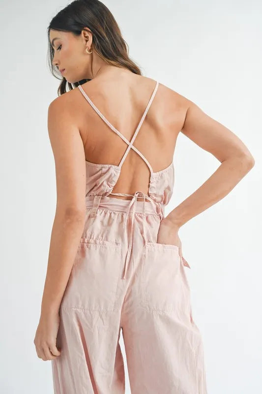 MABLE Washed Fabric Spaghetti Strap Waist Belted Jumpsuit Jumpsuits