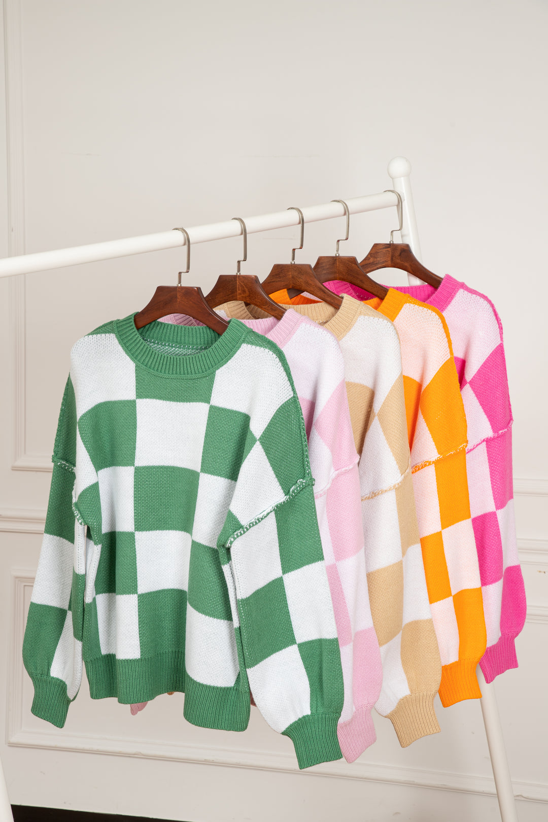 Checkered Bishop Sleeve Sweater | Sweaters Daverri Fashions