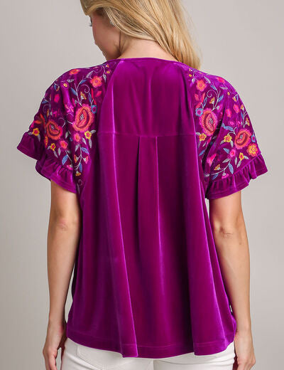 Umgee Full Size Velvet Embroidery Short Sleeve Blouse