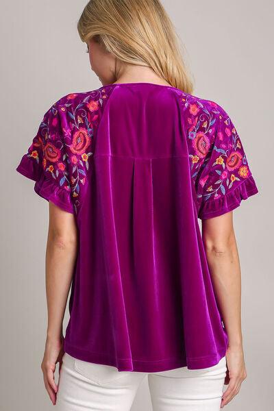 Umgee Full Size Velvet Embroidery Short Sleeve Blouse Blouses