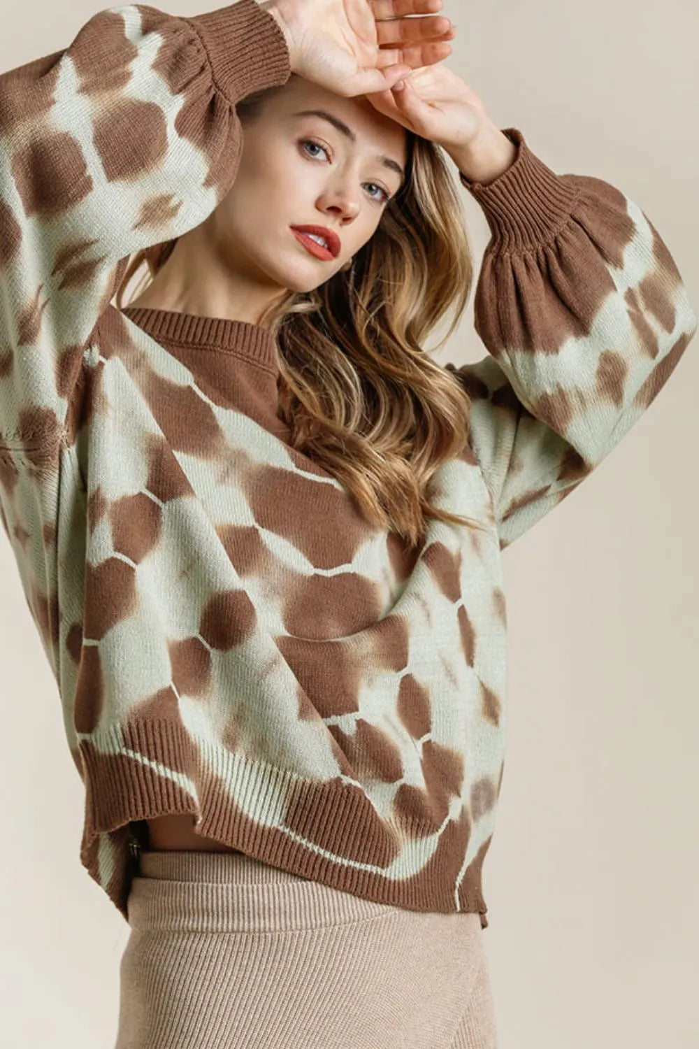 Umgee Full Size Ribbed Hem Tie Dye Round Neck Sweater Plus Size | Daverri Fashions